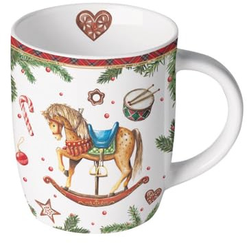 Ambiente Tasse Porzellan 0,2 l kleine Kaffeetasse Teetasse Kindertasse Advent Weihnachten Schaukelpferd und Zweige