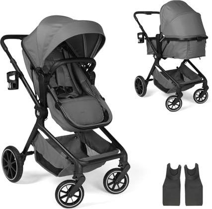 hauck 2in1 Babywagen Buggy mit Babyschalenadapter Convert N Care Dark Grey | Babywanne umbaubar zu Sitz, wendbare Blickrichtung, UPF 50+, verstellbarer Schieber, Gummireifen, Geburt bis 22 kg/4 Jahre