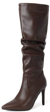 Stivali Alti Fino Al Ginocchio Da Donna, Eleganti Stivali Lunghi in PU Con Effetto Plissettato E Punta Affusolata Scarpe Slip-On Con Tacco A Spillo Alto Taglie Forti,Marrone,38 EU