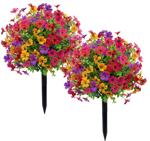 2 Pack Artificial Boxwood Topiary Ball Trees with Colorful Flowers, 23 Fake Bushes Shrubs with Ground Spike, UV Resistant Faux Evergreen Tree for Front Porch Outdoor Garden Decor（Daisy）