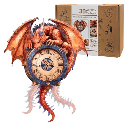 Cutywood Holzpuzzle Uhr, 3D Holzpuzzle Erwachsene, Flammendrache Uhr | 3D Holzpuzzle/3D Wooden Puzzle/Funktionale Uhr/39.1 cm*32.1 cm/Schreibtisch/Wand Wohndeko/Geschenke für Freunde/Familien