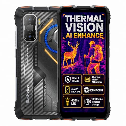 Blackview Smartphone Incassable AI Imagerie Thermique Rock 3, 108MP+50MP, Vision Thermique Améliorée par IA, 6,78'' FHD+ 2.4K, 32Go+256Go, 10000mAh, IP68 Téléphone Étanche, Charge sans Fil, Noir