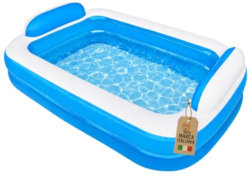 Akitaink Piscina Gonfiabile Rettangolare 200x150x50 cm con Cuscini Integrati, in Vinile Resistente PVC, Azzurro e Bianco, per Bambini dai 3 Anni, da Giardino