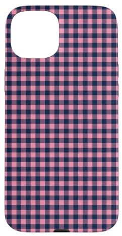 Custodia per iPhone 15 Plus Blu Navy Rosa Mini Gingham Carino Piccolo Check Preppy