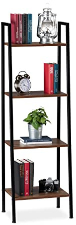 Relaxdays Pieds, Etagère en échelle 4 espaces Rangement, Plantes, HLP: 136 x 44 x 31,5cm, Bois et Noir, Fer, Marron, 5 cm