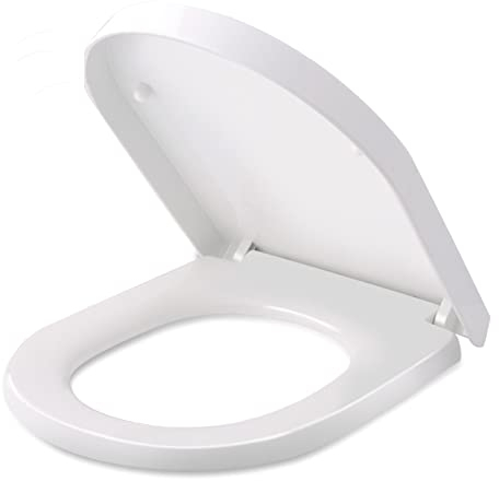 HIMIMI - Tapa de WC, Asiento para Inodoro en Forma de D, Bisagras Ajustables, Cierre Suave Lento, Desmontaje rápido, Fácil de Limpiar, Blanco, 450 x 361 x 53 mm