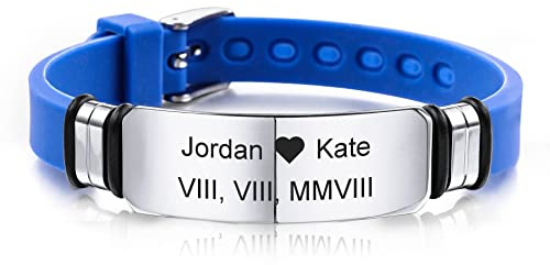 MeMeDIY 13mm Bracciale Largo Silicone Regolabile Sport Nome Polso ID Tag Identificazione Bracciale Personalizzato per Uomo Donna Acciaio Inossidabile - Incisione Personalizzata (Blu Colore)