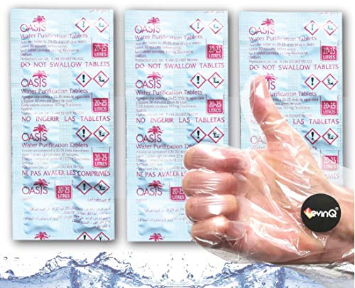 LevinQ Oasis 30x Chlortabletten + Handschuhe, geeignet für Rudergerät mit Wassertank wie Waterrower, Skandika, Hammer, Vorteilspack mit Handschuhe, Gegen Algen, 3 Jahresbedarf, Puritabs Oasis
