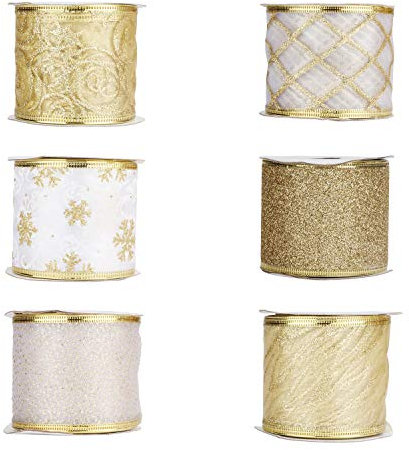 BELLE VOUS Ruban de Noel (Lot de 6) - Large Rouleau de Ruban Organza Or 5,5 m x 63 mm avec des Designs Assortis - Ruban Emballage Cadeau pour Sapins, Loisirs Créatifs, Nœuds, Mariages et Fêtes