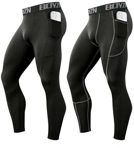 Boyzn Uomo 2 Pack Pocket Compression Tights Cool Dry Sports Baselayer Pants Workout Running Leggings con Tasche Nero/Nero (Grey Pocket) -3XL