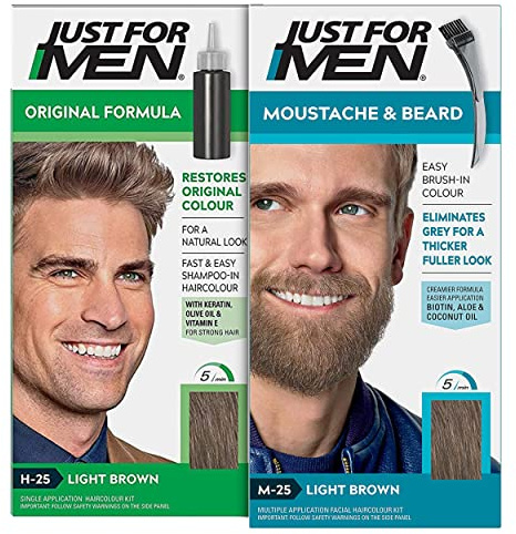 Just for Men Original Formula Light Brown Hair Dye, Natural Look – H25 & Just for Men Moustache & Beard Light Brown Dye, Eliminates Grey – M25