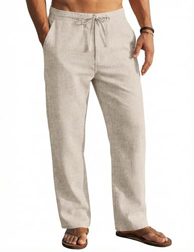COOFANDY Men's Linen Beach Pants Loose Fit Drawstring Casual Pants Lightweight Baggy Cotton Trousers, Beige, X-Large