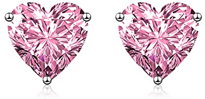 wynn's Silver Stud Earrings for Women, White Gold Studs Earrings, Silver Heart Cubic Zirconia Stud Earrings, Hypoallergenic Earrings for Girls Jewellery Gifts Christmas, Pink