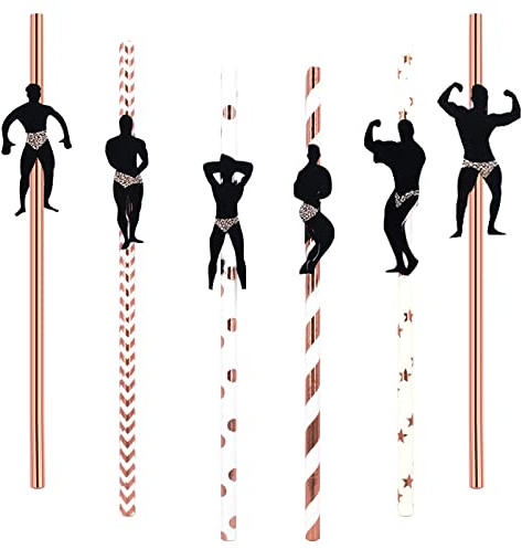 BEHAHAI 24pcs Naughty Hen Party Straw - Bachelorette Cocktail Dancing Men Male Stripper Rose Gold Paper Straws for Party Decoration Accessories
