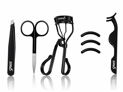 esmeS Beauty Augenbrauen- & Wimpern-Set – Wimpernzange, Pinzette, Schere & Applikator inkl. 3 Silikonpads – Für natürlichen Schwung & präzise Pflege – Mattschwarz