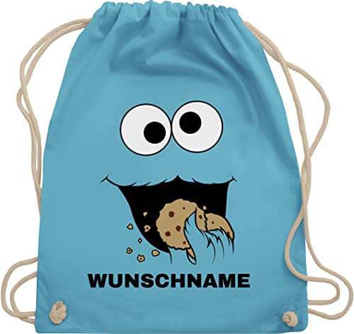 Turnbeutel Rucksack - Karneval Accessoire Fasching - Keks Monster Kostüm mit Name I Krümelmonster I Cookie Monster I Keksmonster - Unisize - Hellblau - monsterbeutel faschings rucksäcke karnevals