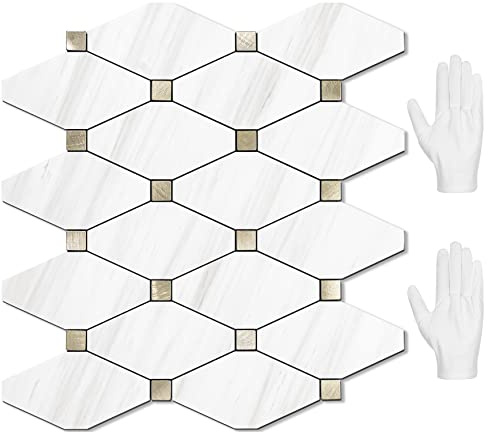 STICKGOO 10 Sheets Peel and Stick Dolomite Mosaic Tile, White Marble Look PVC Mixed Metal Gold Kitchen Backsplash for Fireplace, RV
