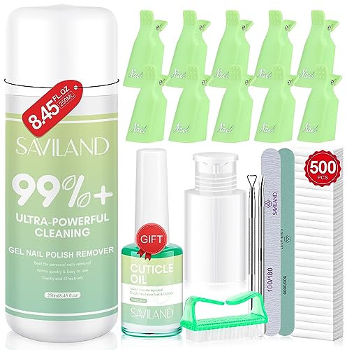 Saviland 250ml Acetone Nail Polish Remover-Nail Polish Gel Remover kit with Cuticle Oil Nail Clips Nail Brush Cuticle Pusher Cuticle Peeler Nail Files and 500Pcs Cotton Pad for Salon Home DIY