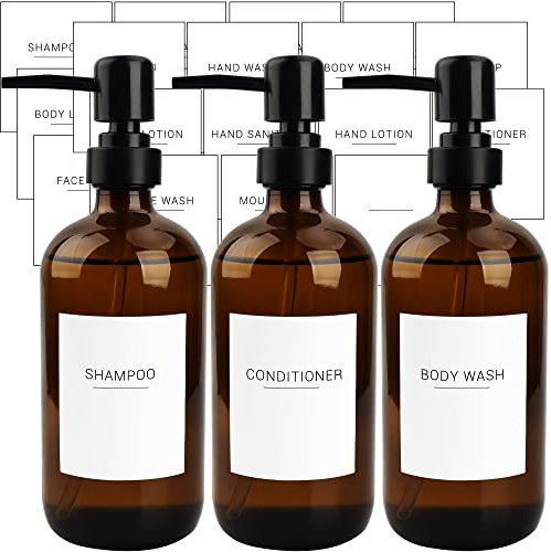 Ezebesta Set of 3 Amber Glass 500ml Soap Dispensers with 22 White Labels Bathroom Liquid Bottle Container with Black Pump