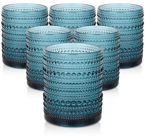 ZMOWIPDL Vintage Glassware Drinking Glasses Set of 6,12 oz Hobnail Glass Cups,Embossed Blue Water Tumbler,for Beer,Cocktail,Whiskey,Juice and Various Mixed Drinks- 1 Cleaning Brush
