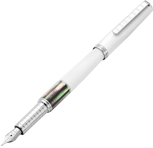 Xezo Speed Master Stylo plume, plume fine. Couleur blanc mat avec nacre noire de Tahiti. Plaqué chrome. Corps en laiton léger. Chaque pièce unique
