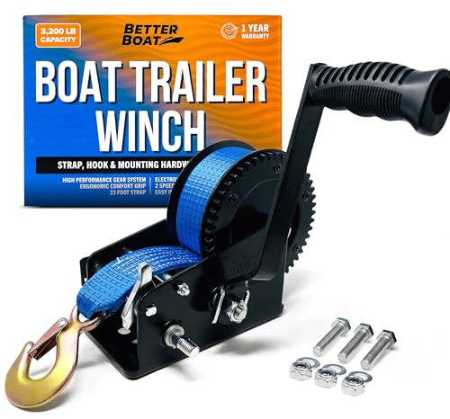 Boat Trailer Winch with Boat Winch Strap with Hook Manual Hand Winch Strap Heavy Duty Trailer Winches Hand Crank for Pulling Boat Parts for Trailers Car or Truck Towing One Speed Ratchet Gear 3200 lb