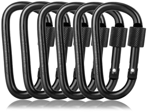 6 Pack Black Small Locking Carabiner, 3 Inch Aluminum D-Shape Snap Hook with Screw Gate for Hiking, Camping, Fishing&Backpack(Not for Climbing)