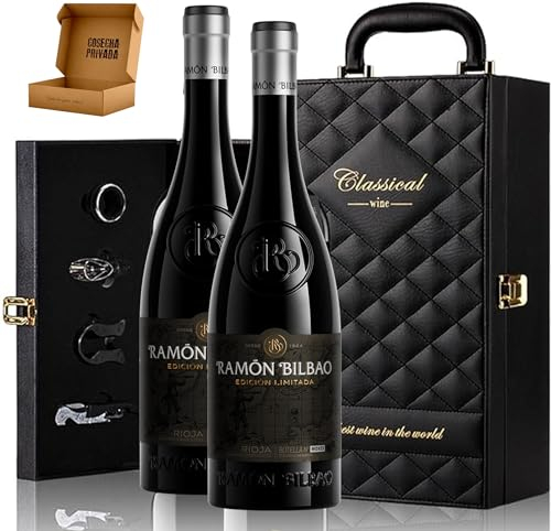 Genérico Estuche de Vino Elegante para Regalo con Dos Botellas de Vino y Set de 4 Accesorios (Rioja, Ramon Bilbao EL) - EST. Cuero 2 RB EL