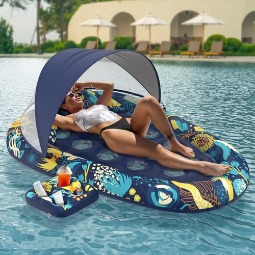 Sunikko X 3-in-1 Pool Floats with Canopy Cup Holder, Large 73 x 48 Pool Floats Adults Heavy Duty, Inflatable Lounger Raft Floating Chair with Backrest, Swimming Pool Lake Beach Pool Party