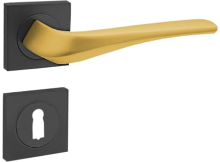 domino Türgriff Drückergarnitur BB-Buntbart Set quadratische Rosette Türklinke für Zimmertür, Bürotür Türbeschläge aus Aluminium Schwarz/Gold Türdrückergarnitur ADEL-QR BLACK/K-GOLD MATT