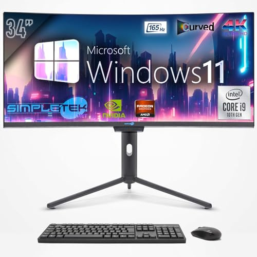 SIMPLETEK - Computer All in One 34 Schermo Curvo per Gaming, Grafica | Core i9 10° Gen | Windows 11 Pro | GPU RX 550 4GB | 4GB RAM SSD 240GB | Webcam 2K | BT 5.2
