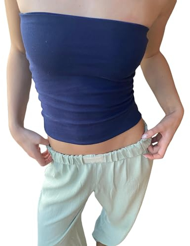 Yassiglia Sommer Bandeau Top Damen Schulterfrei Crop Tops Ärmellos Rückenfrei Oberteil Frühling Basic Unterhemd Tube Top Slim Fit Skims Dupe (Dunkel Blau, S)