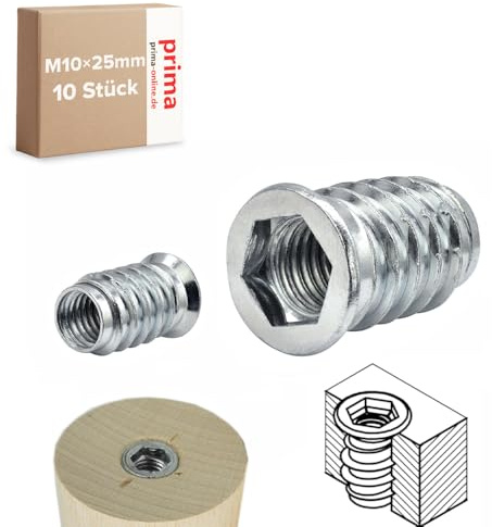 Einschraubmutter M10 x 25 mm – Einschraubmuffen/Eindrehmuffen aus verzinktem Stahl – Innengewinde für Holzbau & Möbelbau (10 Stück)