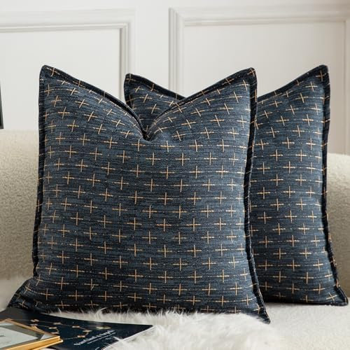 Mandioo Pack of 2 Burlap Linen Cushion Covers Woven Textured Modern Farmhouse Throw Pillow Cases Decorative Couch Sofa Bed Living Room 18 x 18 Inch 45x45 cm Deep Blue