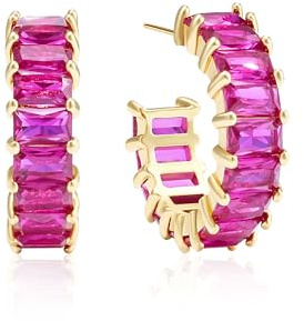 Mesovor Gold Cubic Zirconia Open Hoop Earrings for Women, 18K Gold Plated C Shape Hoop Earrings Jewelry for Party Prom (Hot Neon Pink)