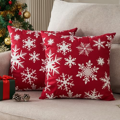 DakTou Kissenbezug 40x40 Weihnachten 2er Set Rot Samt Schneeflocken Muster Sofakissen Dekokissen Kissenhülle Xmas Dekorative Kissenbezüge Zierkissenbezüge für Sofa Sessel Zuhause Schlafzimmer