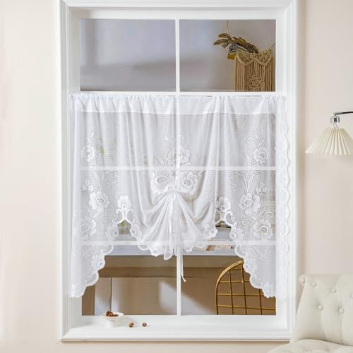 KnSam Scheibengardine Boho Kurz, Spitze mit Blumen Muster Bistrogardine Küche Halbtransparent, 1Pcs Rod Pocket Polyester Halbtransparent Voile Vorhang Privatsphäre Fenstervorhang, BxH 180x100cm