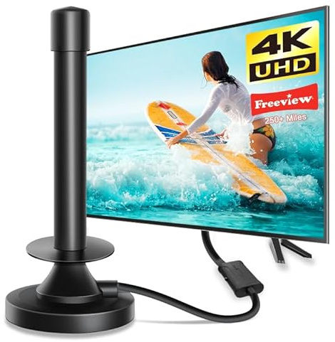 QZUAUKU TV Aerial - Digital TV Antenna Indoor, 250+ Miles Long Range, Amplified HD, Supports 4K 1080P Local TV Channels, Includes Booster & 16.3 ft Coax Cable
