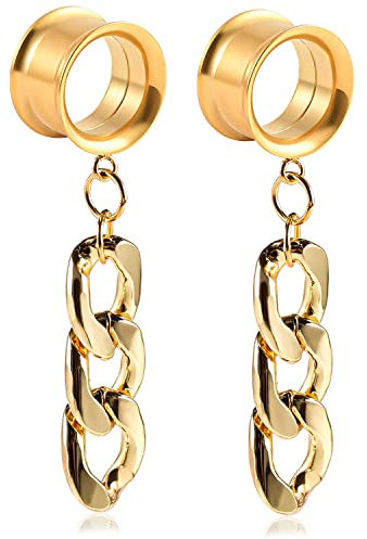 Gold,20mm,2 Stück Edelstahl Double Schraub Flared Flesh Ohr Plug Tunnel Punk Kette Anhänger Ohrringe Piercing Fleischtunnel Ohrring Schmuck
