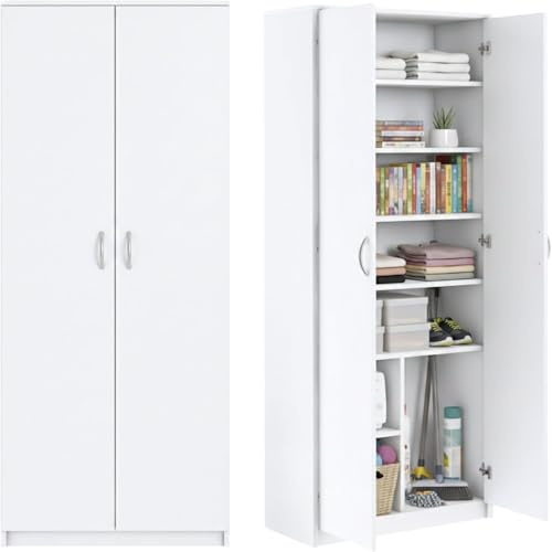 Home Collective Mehrzweckschrank mit 8 Fächern Besenschrank Haushaltsschrank in mattem Finish mit 6 Einlegeböden und 2 Türen, 74 cm breit aus Laminatplatte und hochwertigen Polymergriffen Weiß