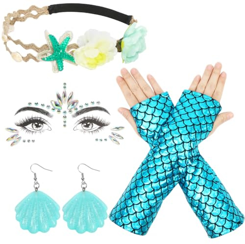 4 Stück Meerjungfrau Kostüm Zubehör Damen Stirnband Seestern Muschel + Muschelohrringe + Gesichtstattoo Cosplay Requisiten