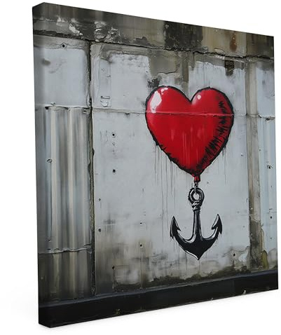 Banksy Leinwand Keilrahmen Herzanker 40x40cm - Street Art - Wandbild | Banksy Wandbild auf Leinwand, 40x40cm, Motiv Herzanker, Quadratisch, Street Art, 2cm Holzrahmen, matter Kunstdruck
