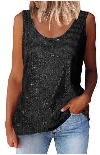 Sparkly Tops for Women UK Sparkle Sequin Crewneck Tank Tops Womens Summer Camisole Glitter Vest Tops Shining Undershirt Loose Elegant Sleeveless T Shirt Beach Party Club Wear