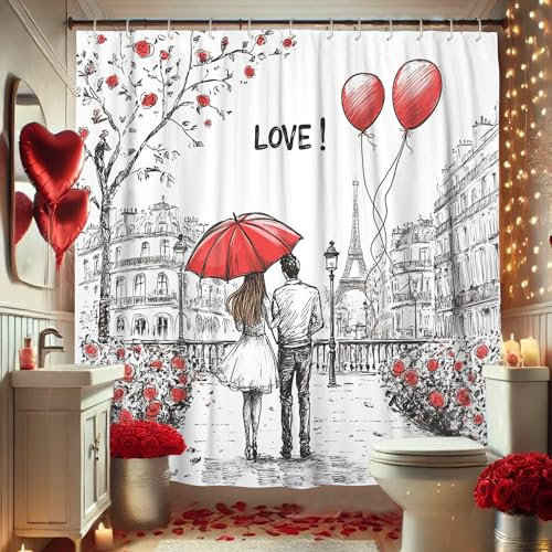 Cortina de ducha con diseño de paraguas rojo, decoración de baño para el día de San Valentín, romántica y moderna, juego de cortina de ducha de tela impermeable con ganchos, 72 x 78 pulgadas