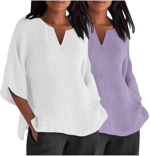 Lot de 2 Chemises en Coton Et Lin Col V pour Femmes Chemisiers Et Blouses Femme Chic Et Élégant Manches 3/4 Chemisier Femmes Été Ample Tunique Couleur Uni Haut Tops Chemise Lin Pas Cher Soldes