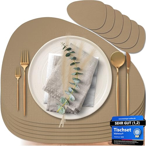 Mahewa® 6er Set Premium Tischset aus Kunstleder - Platzset abwaschbar und wasserdicht - Platzdeckchen Telleruntersetzer in Lederoptik (Gold/Sand, Oval)