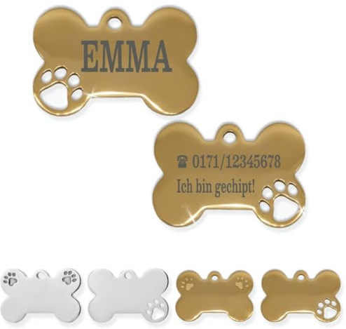 Ibera gifts - Hundemarke Mit Gravur - Personalisierte Hundemarke Für Welpen Oder Sehr Kleine Hunde - Edelstahl 25 x 16 mm - Hundeanhänger Mit Gravur (Gold / 1 Pfote/Klein)