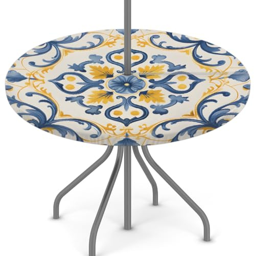 Mexpekil Outdoor-Tischdecke mit Schirmloch und Reißverschluss, ethnisches Ornament, Keramikfliesen-Druck, wasserdicht, rund, elastisch, für Terrasse, Garten, 114,3–142,2 cm