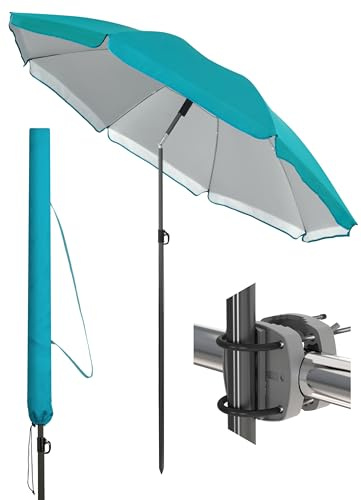 4smile Sonnenschirm Balkon SunnyJoy im 3er-Set - UPF 50+ Balkon Schirm 160 cm + Sonnenschirmhalter Balkongeländer SunnyEasy + Sonnenschirmhülle - Sonnenschutz Balkon, Sonnenschirm Strand, Türkis