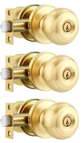 Heittis 3 Pack Gold Ball Door Knob, Satin Brass Round Front Door Handle Gold Entry Door Lock for Right or Left Handed Doors